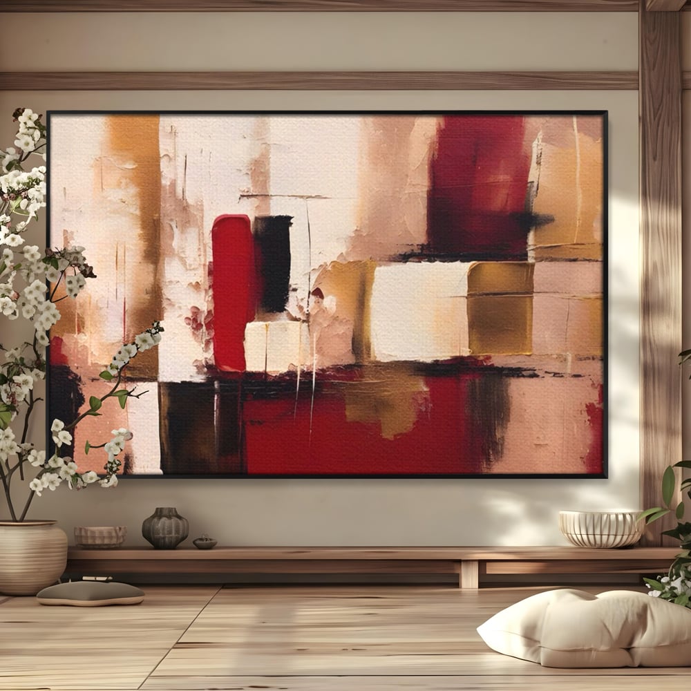 Tablou canvas cu pictura abstracta cu patrate rosii si bej, in rama de aluminiu negru